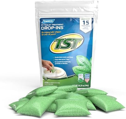 Camco TST RV Toilet Treatment Drop-INs - Control Unwanted Odors and Break Down Waste and Tissue - Septic Tank Safe - Fresh Scent - 15-pack (40264)
