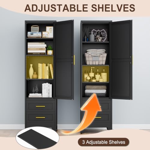 Tall Metal Narrow Storage Cabinet 67" H with 2 Drawer, Black Pantry Cabinets with 3 Adjustable Shelves and Door,Tall Bathroom Cabinet for Kitchen, Home Office, Living Room, Dining Room