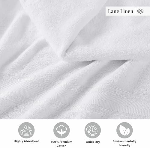 LANE LINEN Bath Towel Set 100% Cotton 3 Piece Soft Absorbent - White