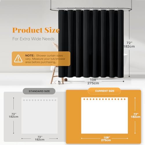 BTTN 108x72 Linen Textured Waterproof Thick Cloth Shower Curtain Set, Black