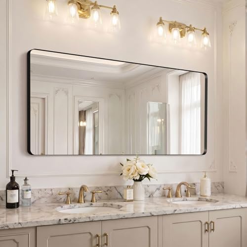 Kosmonia 60x28 inch Black Bathroom Mirror Metal Framed Rounded Rectangle