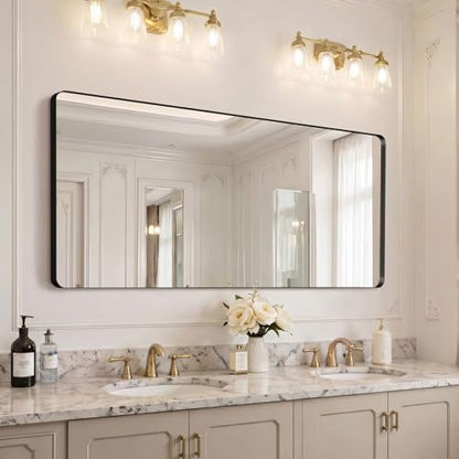 Kosmonia 60x28 inch Black Bathroom Mirror Metal Framed Rounded Rectangle
