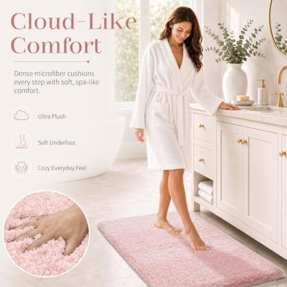 Yimobra Bathroom Rugs Non Slip Washable 36X24, Ultra Soft and Water Absorbent Bath Mats, Plush Fluffy Shower Mat Outside, Luxury Microfiber Thick Matts for Bathroom Floor/Tub, Light Pink and White