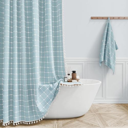 BTTN 54x78 Boho Farmhouse Linen Heavy Duty Fabric Shower Curtain, Fog Blue