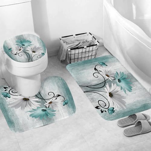 Onalasyc 4PCS Teal Daisy Floral Bathroom Sets with Shower Curtain and Rugs