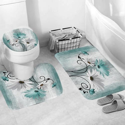 Onalasyc 4PCS Teal Daisy Floral Bathroom Sets with Shower Curtain and Rugs