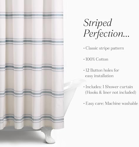 Lush Decor Farmhouse Stripe Cotton Shower Curtain, 72" W x 72" L, Blue - Striped Bathroom Curtain - Fabric Shower Curtains - Farmhouse Bathroom Decor