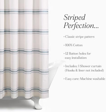 Lush Decor Farmhouse Stripe Cotton Shower Curtain, 72" W x 72" L, Blue - Striped Bathroom Curtain - Fabric Shower Curtains - Farmhouse Bathroom Decor