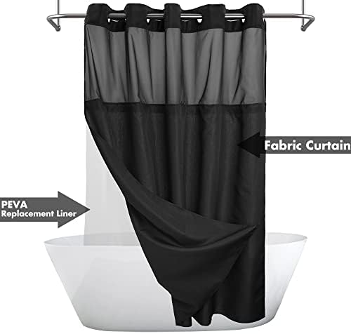 River Dream No Hook Long Shower Curtain with Snap-in Liner 71x80, Black