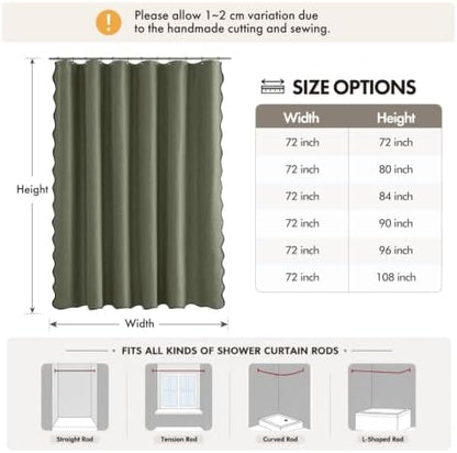 ANRODUO Olive Green Scalloped Linen Textured Shower Curtain, W72 x L90