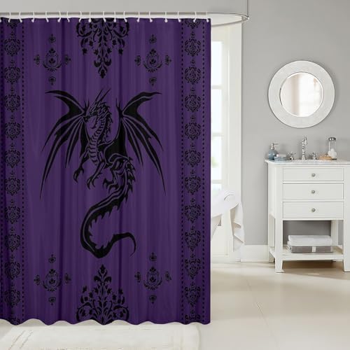 Feelyou Dragon Shower Curtain Kids Boys Teens Gothic Damask Paisley Floral Bathroom Waterproof Accessories with 12 Hooks 72x78 Inches Women Bohemian Exotic Animal Theme Room Decor,Purple Black