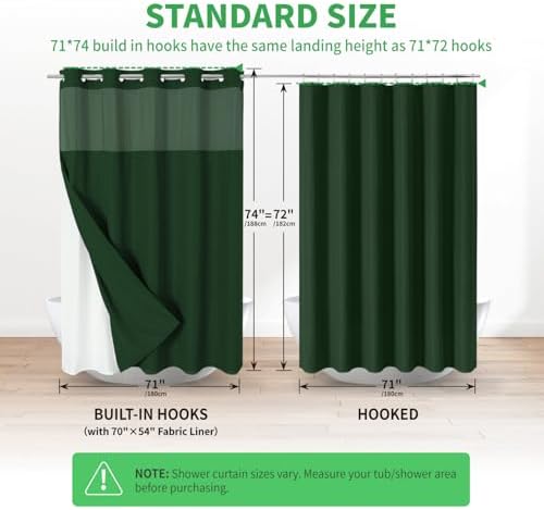 eachope No Hook Fabric Shower Curtain with Snap-in Liner,71x74Emerald Green