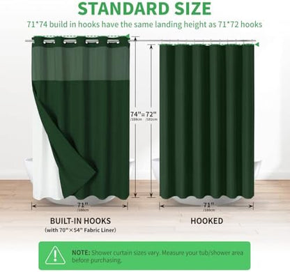 eachope No Hook Fabric Shower Curtain with Snap-in Liner,71x74Emerald Green