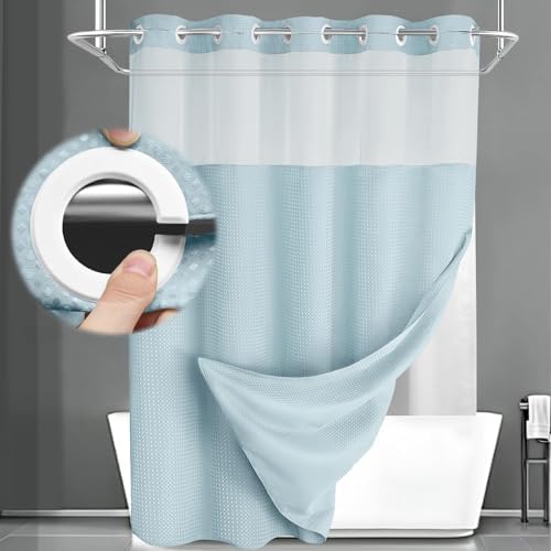 No Hook Shower Curtain with Liner Set Hotel Waffle Curtain Aqua 72W X 75L