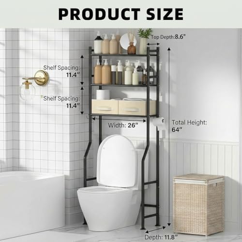 GloTika 3-Tier Over Toilet Storage, Anti-Tilt, 64" H, Black, 2 Baskets