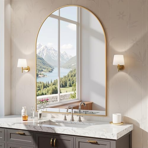 Antok Arched Bathroom Mirror, 30"x40" Wall Mounted Mirror, Vanity Mirrors for Over Sink, Aluminum Alloy Frame Bathroom Mirrors Living Room, Bedroom and Entryway, Gold