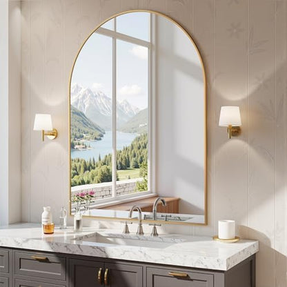 Antok Arched Bathroom Mirror, 30"x40" Wall Mounted Mirror, Vanity Mirrors for Over Sink, Aluminum Alloy Frame Bathroom Mirrors Living Room, Bedroom and Entryway, Gold