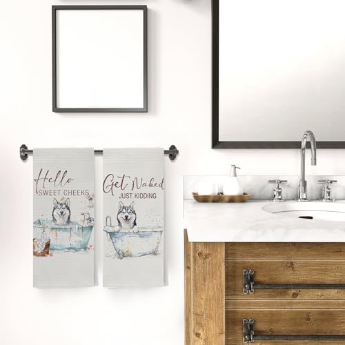 Funny Husky Hand Towels, Hello Sweet Cheeks Bathroom Decor, Husky Gifts Decorative Hand Towels for Bathroom Washroom Restroom, Gifts for Husky Lovers, 16x24 Inch Set of 2