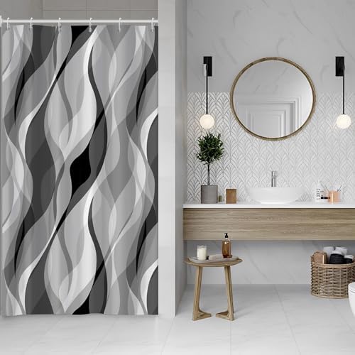 Grey Striped Stall Shower Curtain with Hooks, 48x72 Inch