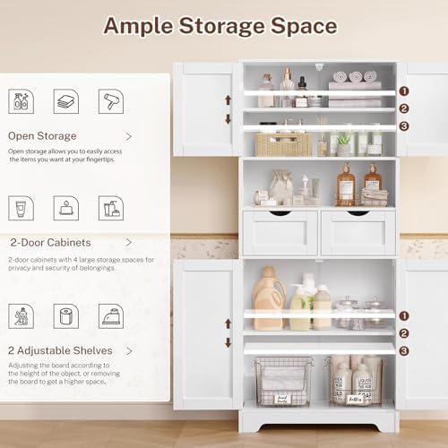 TEENFON Tall Bathroom Storage Cabinet with 4 Doors & 2 Adjustable Shelves