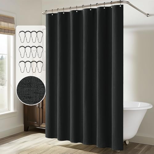 MIULEE Linen Fabric Shower Curtain Black W72*L72 12 Metal Hooks