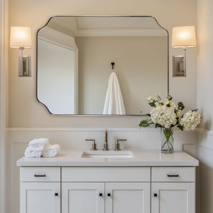 ANDY STAR Brushed Nickel Mirror 30x40 Inch, Rectangle Bathroom Mirror for Wall, Large Scalloped Wall Mirror in Anti-Rust Stainless Steel Metal 1’’ Frame, Wall Mounts Horizontally or Vertically