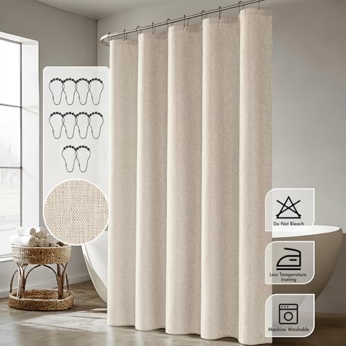 ANRODUO Cream Beige Linen Textured Fabric Shower Curtain Set - W60xL72