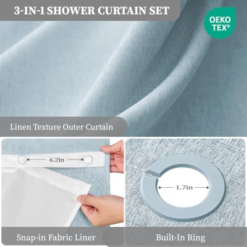 BTTN Fog Blue Ringless Linen Textured Shower Curtain with Snap Liner, 72x75