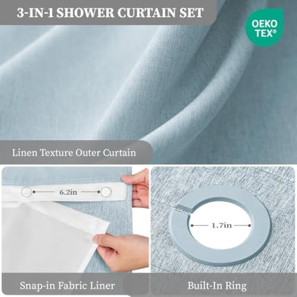 BTTN Fog Blue Ringless Linen Textured Shower Curtain with Snap Liner, 72x75