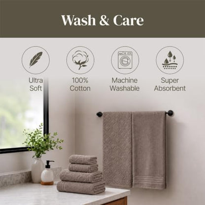 Modern Threads 6 Piece Bath Towel Set – Bathroom Towel Set with 2 Bath Towels, 2 Hand Towels & 2 Washcloths – 100% Cotton, Soft & Absorbent – Geometric (Classic Taupe)