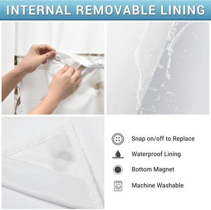 WITHLOC No Hook Floral Shower Curtain with Liner, Eucalyptus Taupe, 71x74