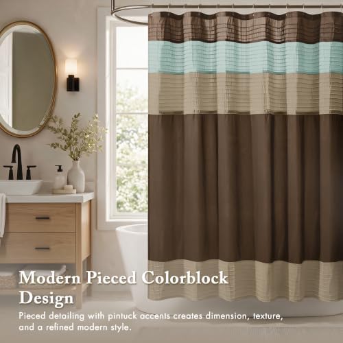 Madison Park Amherst Bathroom Shower Curtain Faux Silk Pieced Striped Modern Microfiber Bath Curtains, 72x72" Inches, Blue