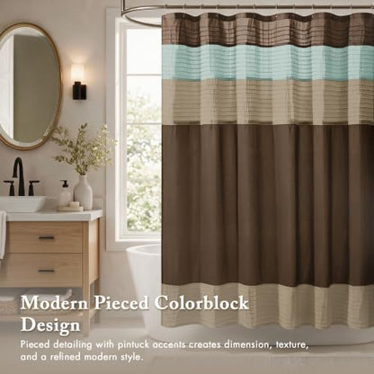 Madison Park Amherst Bathroom Shower Curtain Faux Silk Pieced Striped Modern Microfiber Bath Curtains, 72x72" Inches, Blue