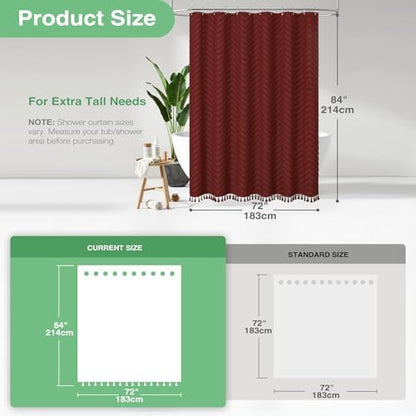 Dynamene Extra Long Boho Shower Curtain Tufted Chevron 72"x84" Burgundy