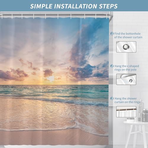 Ocean Beach Coastal Sea Scene Shower Curtain for Bathroom 72W*72H Inch Seaside Nautical Summer Sunset Sunrise Beachy Bathtub Decor Waves Seacoast Hawaiian Aesthetic Waterproof Polyester Fabric