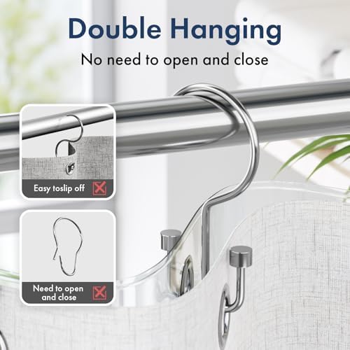 Bathway Shower Curtain Hooks Chrome Shower Curtain Rings, 12 Pcs Metal Double Hooks Rings Rust Proof for Bathroom Shower Curtain Rod