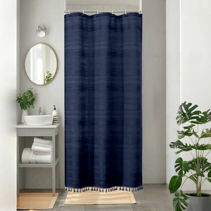 OVZME Navy Blue Boho Stall Shower Curtain, Narrow Soft Fabric Striped Linen Textured Bathroom Shower Curtain with Tassel, Modern Farmhouse Machine Washable, Bath Decor, 36Wx72L Inches