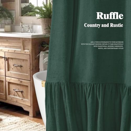 Farmhouse Shower Curtain Ruffle Linen Flax Dark Green 72" W x 72" L