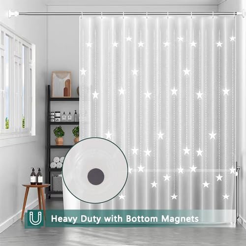Shower Curtain Liner, White Pentagram Waterproof PEVA Shower Curtains with 3 Duty Heavy Bottom Magnets and 12 Rust Proof Grommets, 72x72 Weighted Shower Liner for Shower Stall, Bathtubs