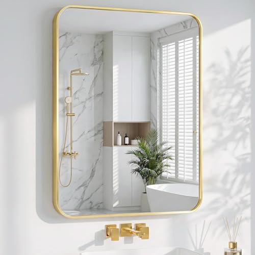 Bathroom Mirror for Wall, 30"x36" Black Bathroom Mirror for Over Sink, Shatterproof Tempered Glass Vanity Mirror with Anti-Rust Aluminum Alloy Frame, Hang Horizontally or Vertically, Gold