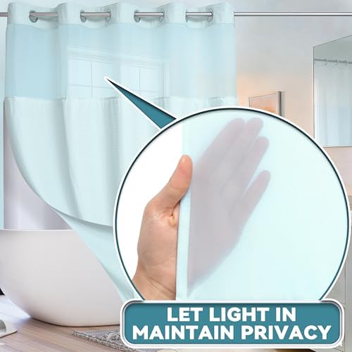 Conbo Mio No Hook Waffle Weave Shower Curtain with Snap in Liner Set, Hotel Luxury Blue Shower Curtains for Bathroom with See Through Top Window, Waterproof, Washable 71W x 74H