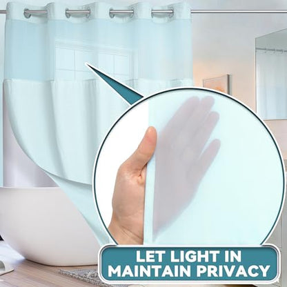 Conbo Mio No Hook Waffle Weave Shower Curtain with Snap in Liner Set, Hotel Luxury Blue Shower Curtains for Bathroom with See Through Top Window, Waterproof, Washable 71W x 74H