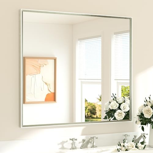 TETOTE Brushed Nickel Bathroom Mirror for Over Sink 40" x 36" Brushed Nickel Beveled Framed Rectangle Vanity Mirror for Bathroom, Bedroom, Entryway, Living Room, Tempered Glass, Stronger Frame