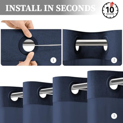 BTTN 72x81 Ringless Linen Look Shower Curtain with Snap in Liner, Navy Blue