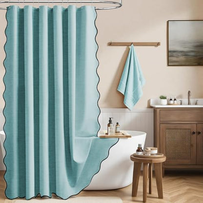 BTTN Teal Boho Scalloped Linen Textured Cloth Shower Curtain Set, 72x72