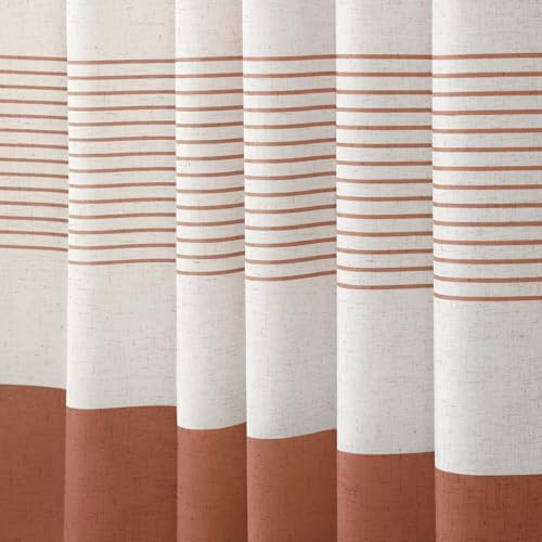 Coral Boho Linen Striped Shower Curtain with Tassel 72" W X 72" L