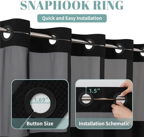 eachope No Hook Waffle Shower Curtain with Snap-in Liner, 54x80 Inch, Black