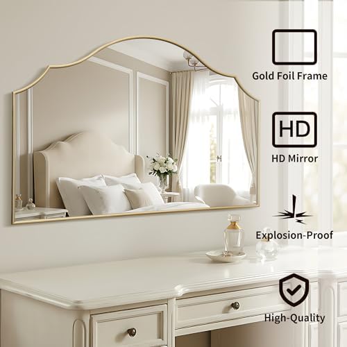 Besdomus Gold Scalloped Wall Mirror: 54"x34" Oversized Wooden Arched Mirror