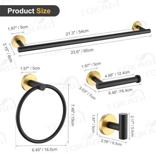 TQKAG Black and Gold Bathroom Hardware Set, 6-Piece Towel Bar Set 23.6 Inch