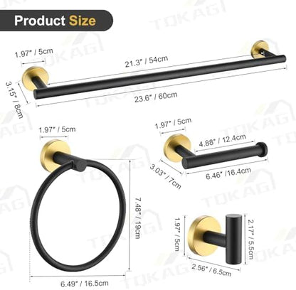 TQKAG Black and Gold Bathroom Hardware Set, 6-Piece Towel Bar Set 23.6 Inch
